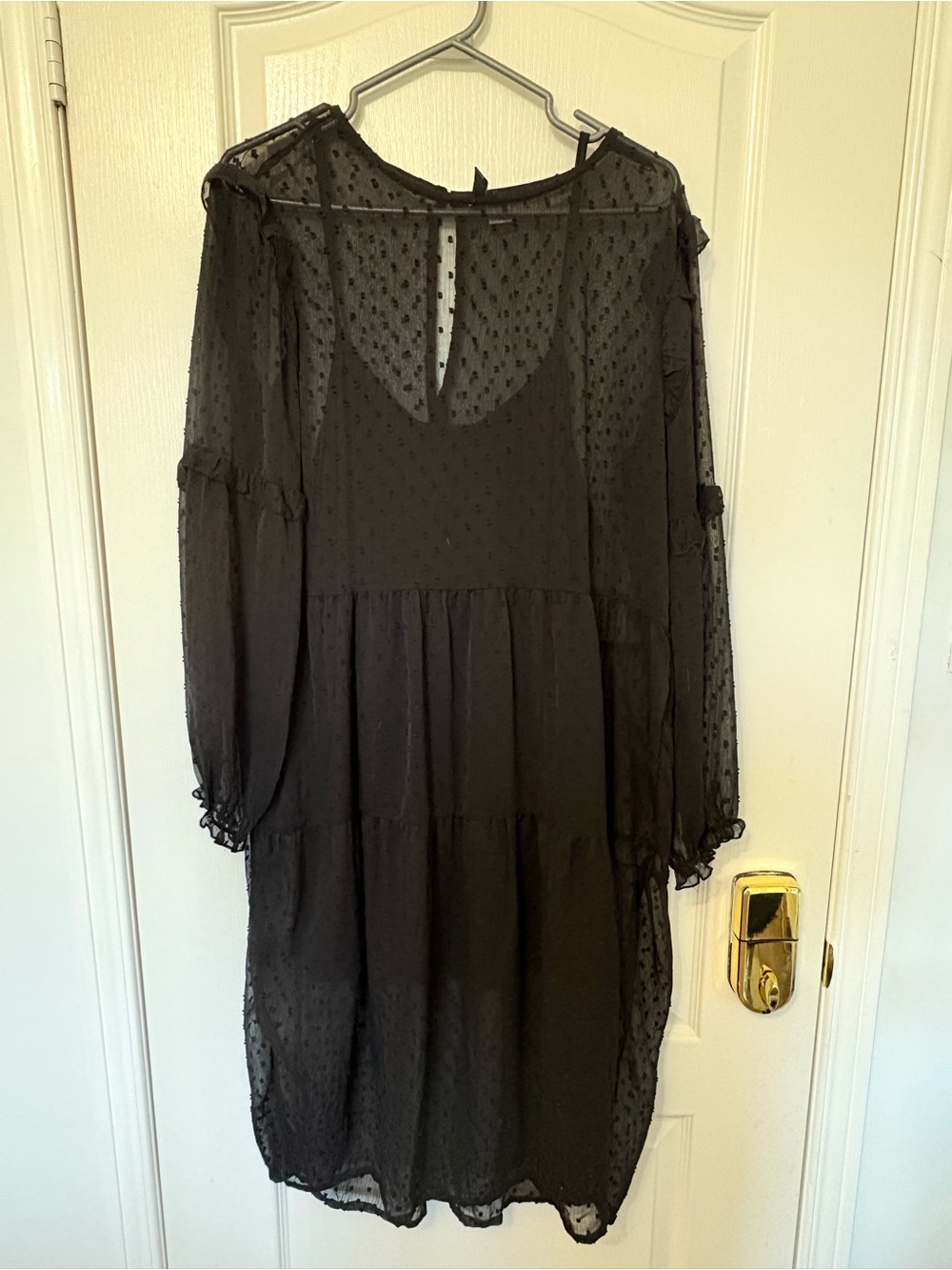H&M Black Sheer Swiss Dot Tiered Long Sleeve Dress